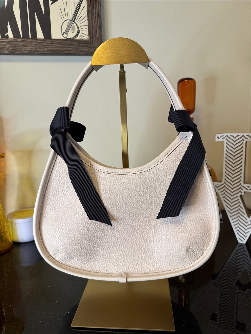 Coachtopia Cream Pebbled Shoulder Bag with Black Ribbon Accents